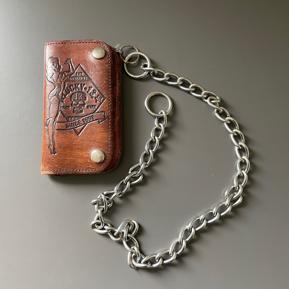 Vintage LUCKY 13 Brown Pinup Skull Leather Biker Chain Wallet Rockabilly Punk